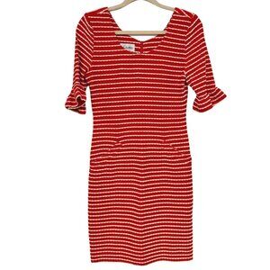 Sara Campbell 3/4 Ruffle Sleeve Texture Stripe Shift Dress Red White